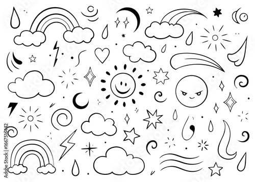 Charming cartoon weather elements featuring a happy cloud with rain sun and moon graphics for delightful designs
