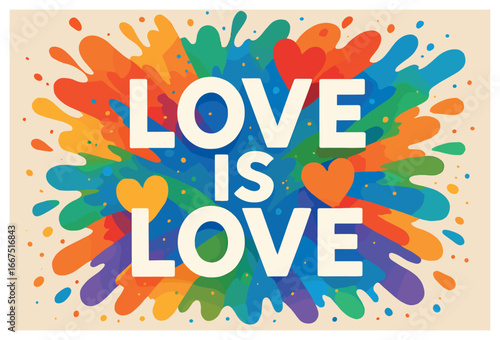 Pride celebration vector: colorful love is love splash design for lgbtq+ awareness