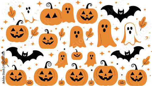 Halloween themed icons suitable for holiday design projects, social media, invitations, and seasonal promotions. Pumpkins, ghosts, bats, leaves.