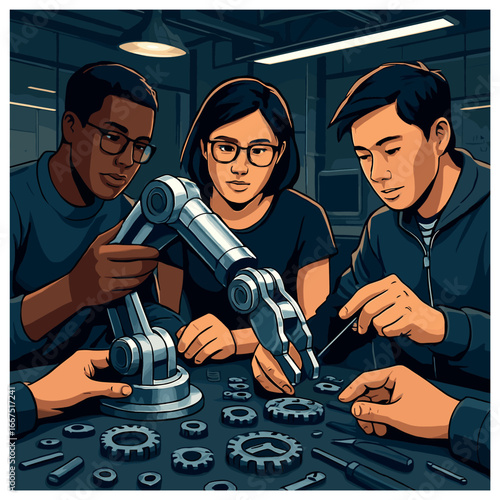 Robotics team collaborating on mechanical design | futuristic engineering vector concept