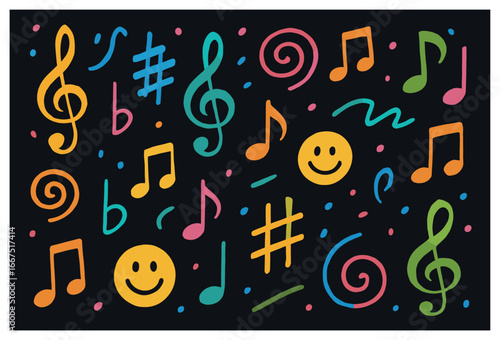Musical expression vector: colorful notes and symbols for celebration and creativity
