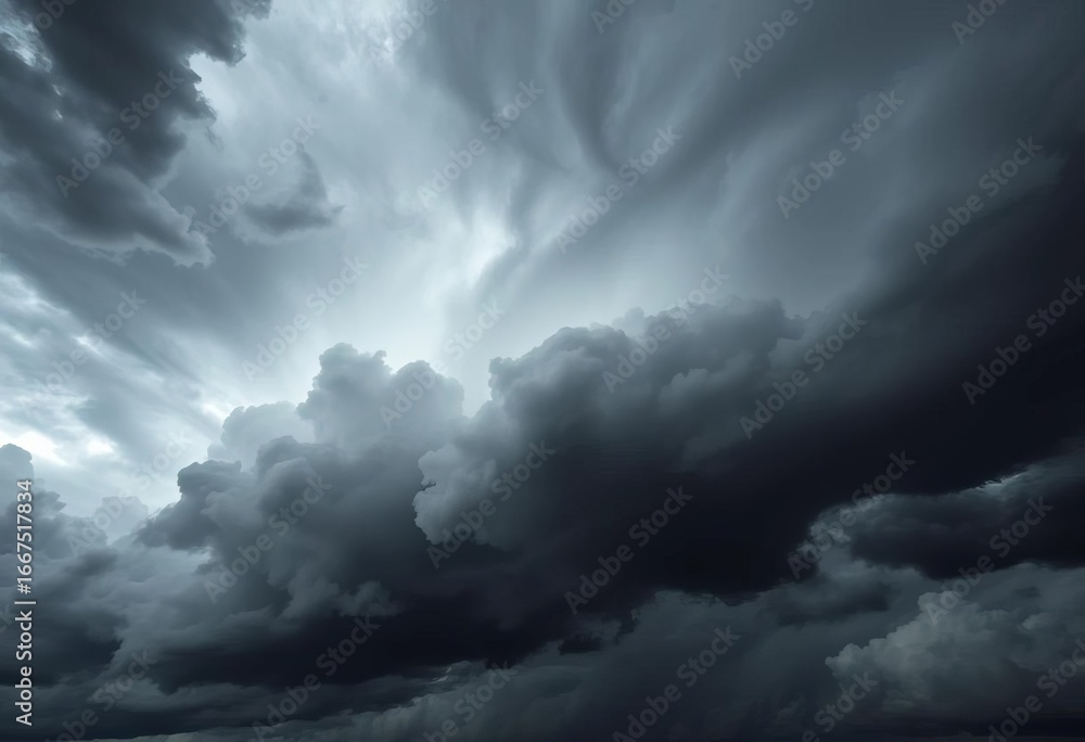 Obraz premium Ominous, swirling dark grey and black storm clouds fill the frame, natural phenomenon, ominous
