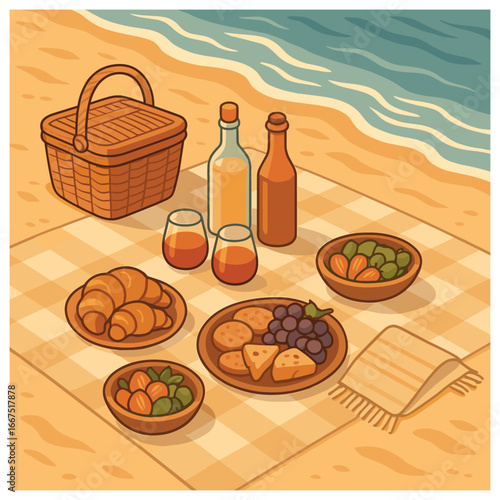 Cozy seaside picnic vector: serene beach picnic scene with delicious food and refreshing drinks