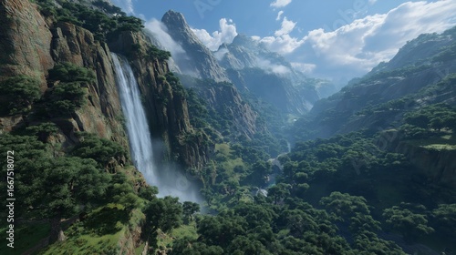 Majestic Mountain Landscape with Waterfall and Lush Green Forest in Bright Daylight