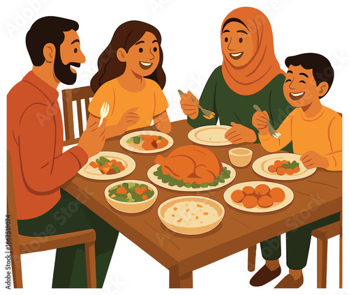 Family dinner gathering vector - cozy holiday mealtime with diverse family enjoying festive food