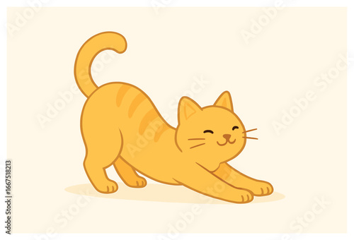 Stretching yellow cat vector - cute cartoon feline, happy kitty animation, playful pet art