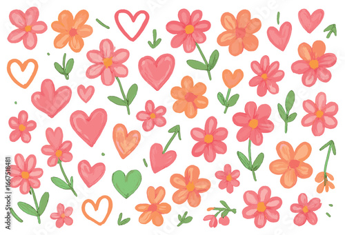 Whimsical doodles vector: delightful floral and heart patterns for creative design concepts