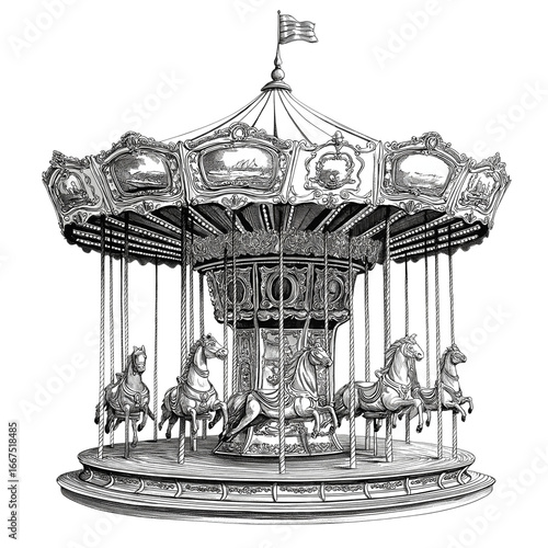 vintage carousel, victorian-style illustration, black-and-white clipart on a transparent background
