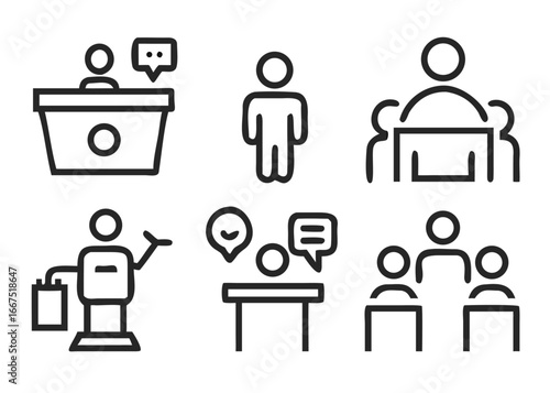 Comprehensive collection of professional conference symbols featuring adjustable line thickness for versatile design applications and clear communication
