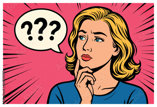 Pop art vector: contemplative woman with speech bubble - retro comic style illustration