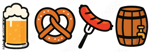 Oktoberfest icons vector set: beer, pretzel, sausage, barrel - festive german symbols