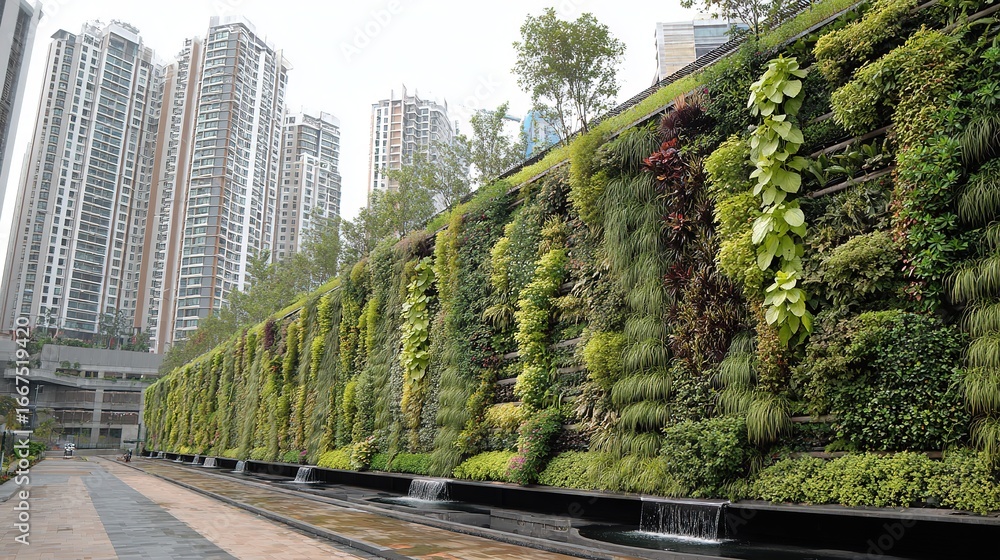 Obraz premium Green environmental protection publicity theme, urban vertical greening wall, various green plants planted on it, rainwater collection device below, background is high-rise buildings