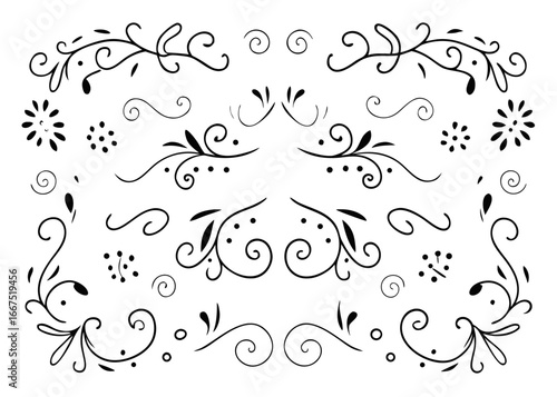 Hand drawn doodle style decorative corner flourish border elements for creative design projects