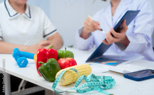 Professional Asian female nutritionist giving nutritional counseling to female patient sitting at clinic table discussing diet, health goals, meal plans and strategies for long-term wellness