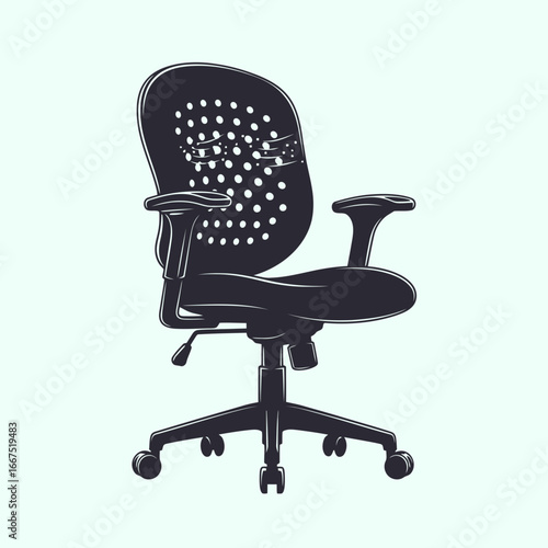 Vector art of modern black office chair with ergonomic design and adjustable features, perfect for home or business use