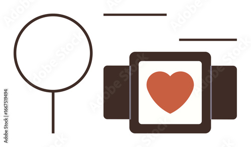 Magnifying glass next to framed heart with lines emphasizing focus. Ideal for love, focus, care, health, analysis, relationships, self-awareness. A simple flat metaphor