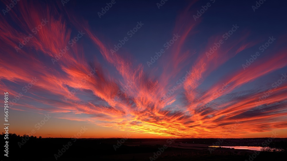 Fototapeta premium Fiery sunset panorama with vibrant, streaky clouds