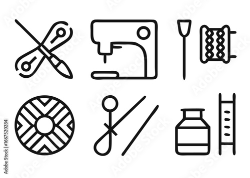 Creative arts and crafts icon collection featuring a paint palette and yarn for sewing and crafting projects