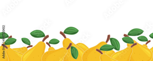 Vector seamless border with yellow pears and green leaves along the bottom on white background. Large blank space above for text. Suitable for menus, labels, packaging and banners