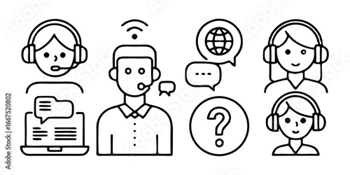 Comprehensive customer support and assistance thin line iconography collection for service excellence and client interaction