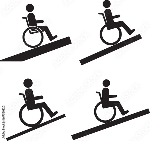 Four black silhouettes of people in wheelchairs on ramps