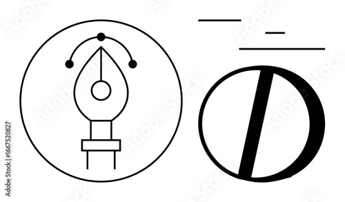 Pen tool tip in circular frame with adjustable vector curve alongside bold typography and text lines. Ideal for graphic design, creativity, digital tools, branding, typography, modern art, simple