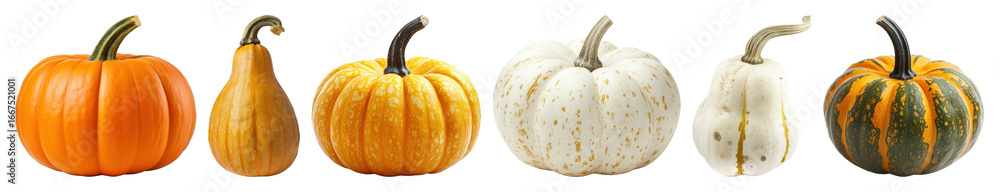 Fototapeta premium PNG Colorful assorted pumpkins variety, element set on transparent background