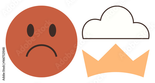 Sad face expressing disappointment beside a cloud and a crown representing contrasting ideas of sadness, hope, and aspiration. Ideal for mental health, emotions, motivation, dreams, self-esteem