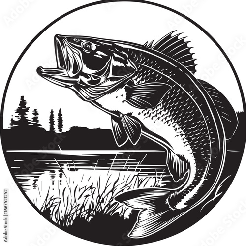 Fishing Bass Illustration: Dynamic illustration captures a large mouth bass leaping from water, symbolizing fishing adventure in a circular composition with natural scene.