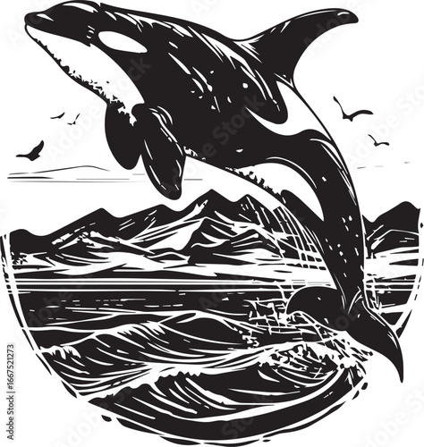 Orca's Leap in Ocean : An artistically rendered image of a magnificent Orca breaches the ocean's surface, mountains and sky in black and white creating a stunning contrast, celebrating marine life.