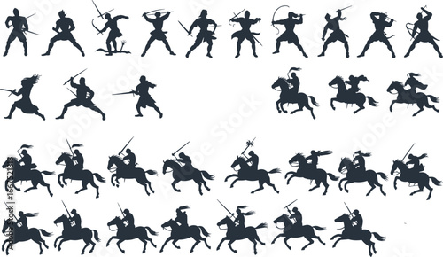 Medieval warrior silhouettes, combat poses, sword fighters, archers, spearmen, mounted knights, historical battle scenes, black vector illustration, epic action, fantasy theme