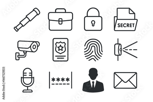 Secret agent and spy icons collection, simple line art vector illustrations for security designs