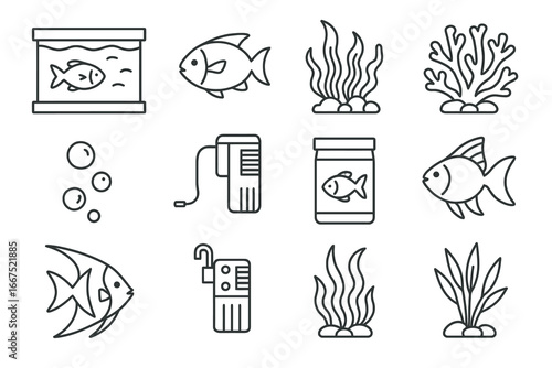 Aquarium and fish icons collection, simple line art vector illustrations for graphic design