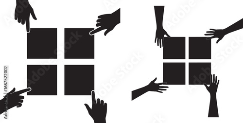 Multiple hands reaching towards a divided square in silhouette
