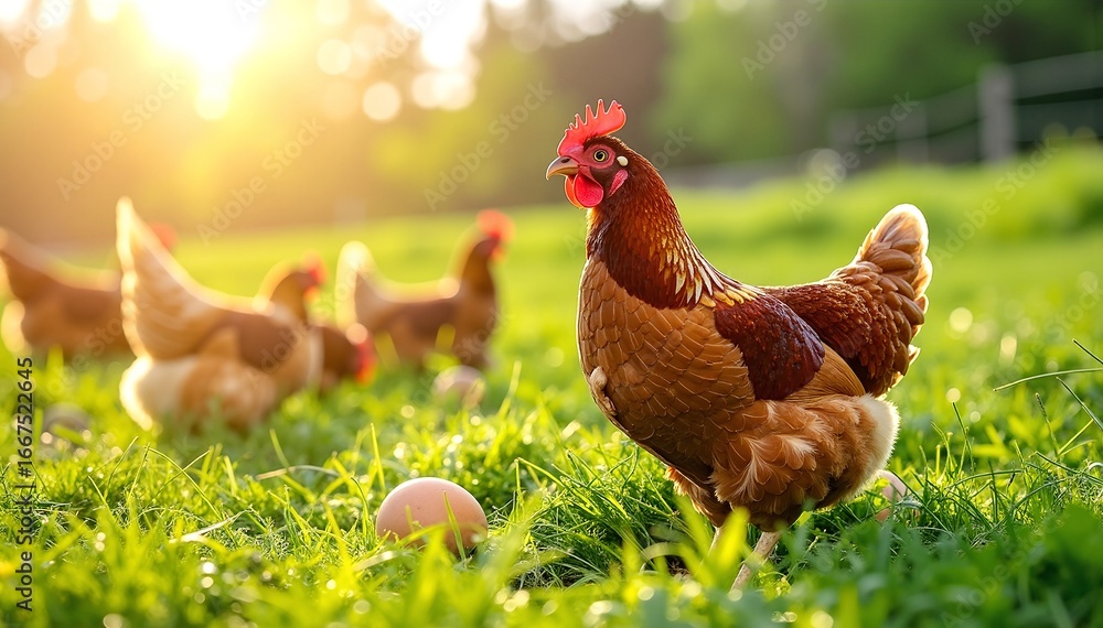 Fototapeta premium A fluffy brown chicken pecks at the ground among vibrant green grass, surrounded by several speckled eggs nestled softly in the earth.