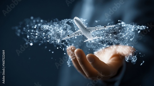 Person holding a digital airplane and world map concept