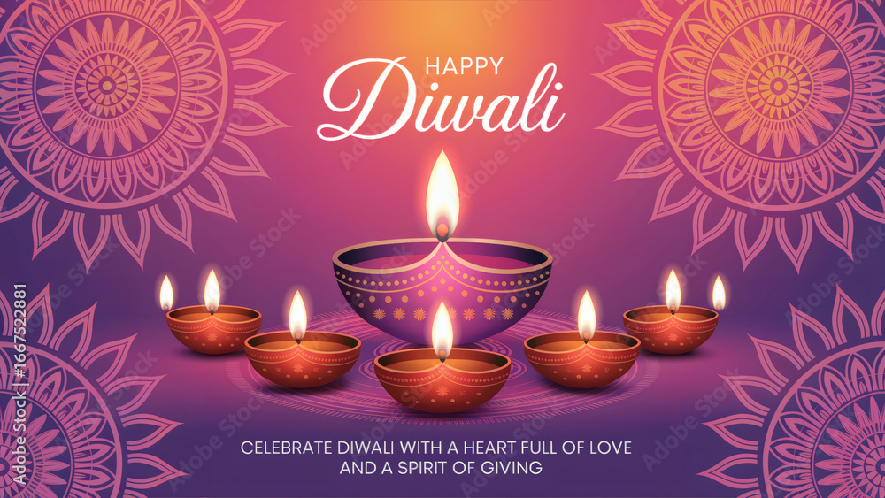 Naklejka premium Radiant Diwali celebration with vibrant oil lamps illuminating the spirit of love and giving, a festive symbol of light over darkness
