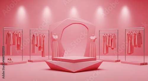Stylish pink boutique display with dresses and mannequins