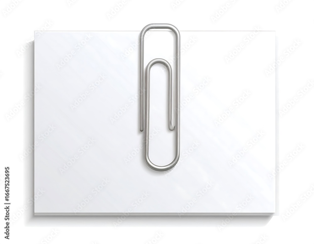 Metallic paperclip secured to blank white note card creating a clean and simple design ideal for
