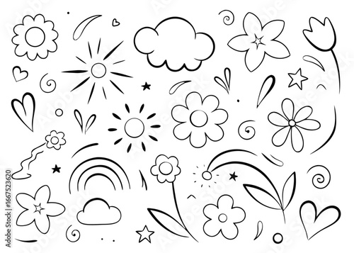 Charming hand drawn summer scene featuring a happy child surrounded by blooming flowers and a fluffy cloud