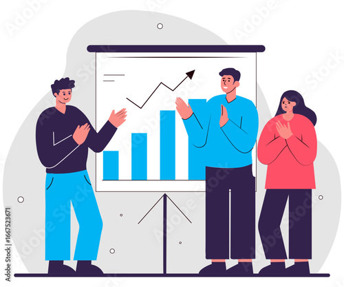 Flat Vector Of Employee Presenting Successful Results With Upward Charts And Teammates Clapping
