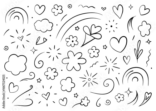 Charming hand drawn floral heart rainbow design featuring playful kid scribble lines and bright color palette