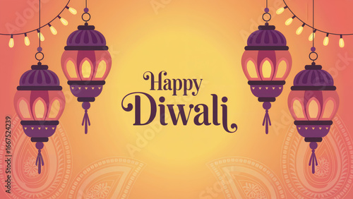 Celebrate Happy Diwali with festive glowing lanterns and ornate patterns, a visually stunning scene perfect for cultural events