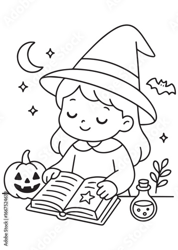 coloring book witch reading a spellbook beside a jack-o'-lantern, quiet magical study in the kitchen