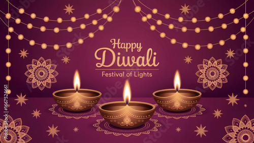 Celebrate the Festival of Lights with this elegant Diwali decoration featuring traditional oil lamps and festive string lights for a warm glow