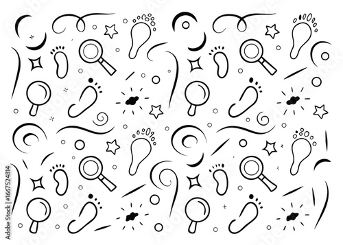 Intriguing hand drawn sketch detective themed seamless pattern featuring mystery elements in black yellow cyan magenta hues