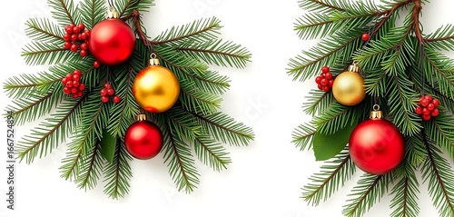 Lush green fir branches adorned with colorful Christmas balls on a pristine white background,  evergreen,  sparkles