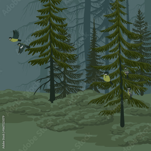 vector drawing landscape with fir trees, forest and birds, dark marsh with great tits and spruces, hand drawn illustration