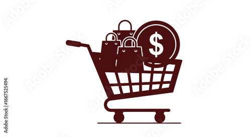 Shopping Cart with Bags and Coin - E-Commerce Vector Illustration