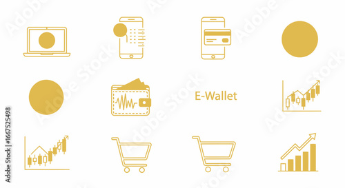 Collection of golden finance and shopping icons representing digital payments, e-wallets, and financial growth with graphs and charts on a white background